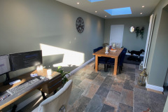 Office and Dining area in side extension with slate tiling and rooflight and recessed lighting